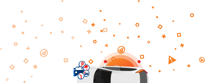 Grafika, kurā uz oranžā fona attēlota avarējusi automašīna ar ikonām, kas attēlo stāvvietas bojājumus, triecienu kokam un sadursmi. Šis attēls attēlo piekļuvi informācijai par negadījumiem un bojātiem automobiļiem.