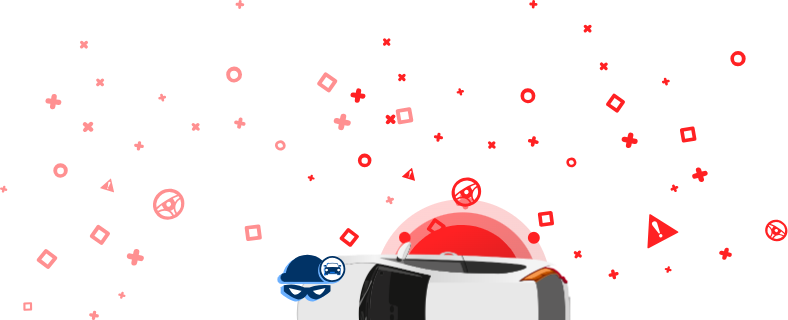 Grafika, kurā attēlots ar lentu ietīts automobilis, laupītāja motora pārsegs un vāciņš ar automašīnas ikonu uz sarkana fona. Šajā attēlā parādīta piekļuve zagto transportlīdzekļu datubāzēm, lai pārbaudītu, vai automašīna ir nozagta.