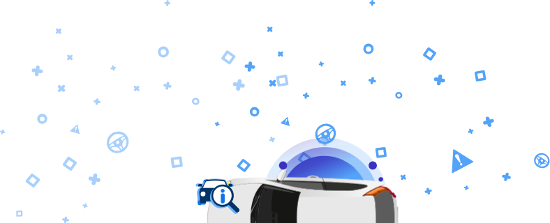 Ilustrācija, kurā attēlota balta automašīna no augšas ar zilām ikonām apkārt un VIN burtiem.