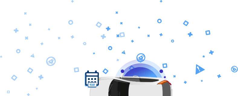 Balta automašīna no augšas ar zilām ikonām, tostarp vārdiem “ŅEM VĒRĀ” un “VIN” un citiem automobiļu simboliem.