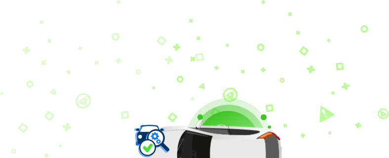 Balta automašīna no augšas un ikonas visapkārt, tostarp vārdi “ŅEM VĒRĀ”, simbols “VIN” un citi automobiļu simboli.