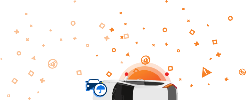 Balta automašīna no augšas ar oranžām ikonām, tostarp vārdiem “ŅEM VĒRĀ” un “VIN” un citiem automobiļu simboliem.