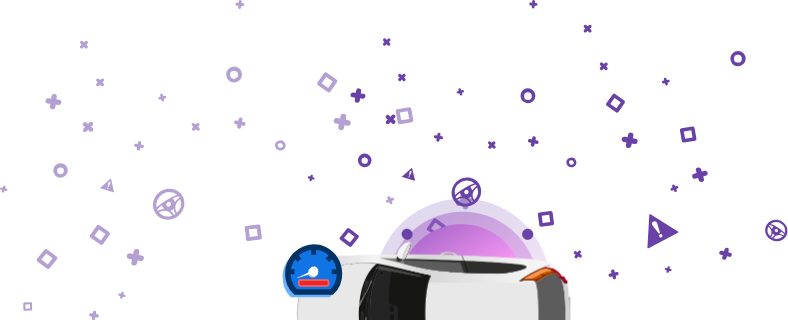 Attēls, kurā redzams bojāts transportlīdzeklis ar spidometra sarkanu joslu uz violetā fona. Šī ikona norāda, cik svarīgi ir pārbaudīt odometra rādījumu atpakaļgaitu, lai nodrošinātu precīzu nobraukumu.