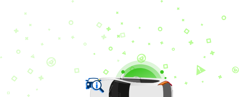 Ilustrācija ar automašīnu ar lupu, kurā uz zaļa fona ar dekoratīvām figūrām attēlota informācijas ikona. Šis attēls norāda uz transportlīdzekļa VIN numura pārbaudi, lai iegūtu detalizētu informāciju.