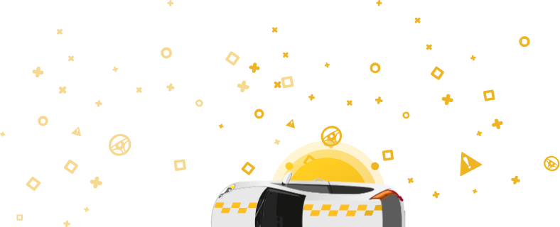 Automobiļa attēls ar taksometra zīmi augšpusē uz dzeltena fona ar ģeometriskām figūrām. Šī grafika ir saistīta ar transportlīdzekļa mērķi, norādot, ka tas tika izmantots kā taksometrs.