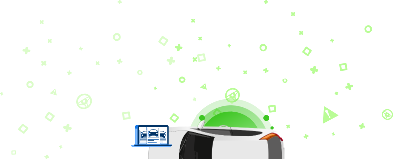 Ilustrācija ar automašīnu un klēpjdatoru, kurā redzami transportlīdzekļa attēli un zaļš fons ar ģeometriskām figūrām. Šis attēls norāda uz QR koda izmantošanu, lai piekļūtu detalizētiem transportlīdzekļa datiem.