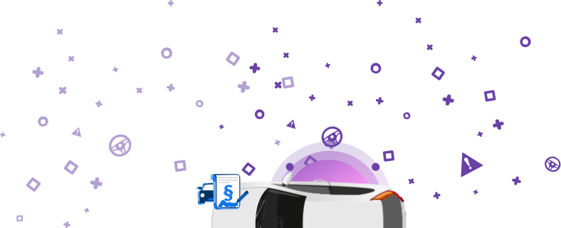 Attēls, kurā uz violetā fona attēlota automašīna ar dokumentu, kurā redzams rindkopas simbols un paraksts. Šī ikona norāda, ka uz transportlīdzekļa ir uzlikti nodokļu parādi.