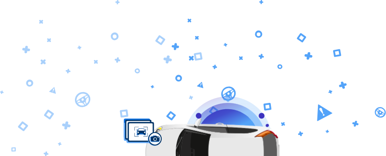 Attēls, kurā redzams bojāts automobilis ar kameras ikonu un automašīnas ikonu uz zila fona ar dekoratīviem elementiem. Šī ikona norāda uz transportlīdzekļa attēlu iekļaušanu detalizētam vizuālajam ierakstam.