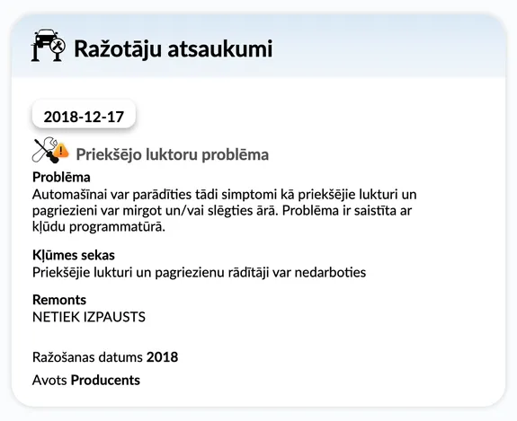autoDNA Transportlīdzekļa vēstures atskaite - ražotāju atsaukumi