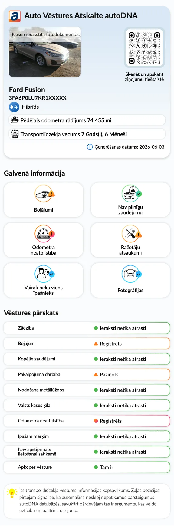 autoDNA Transportlīdzekļa vēstures atskaite - iepriekšējā informācija